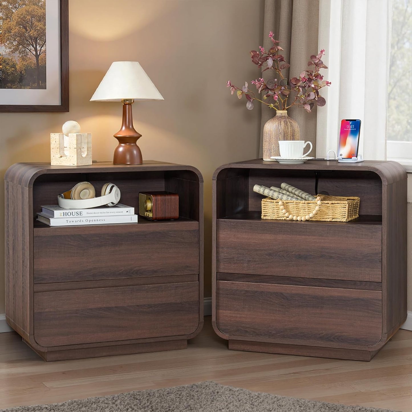 Modern Nightstand Set of 2, 23.2" Wide Wood Bedside Table with Charging Station, 3 Storage Drawers Side Table Curved Profile, Handleless, Large End Table Night Stand for Bedroom, Walnut 