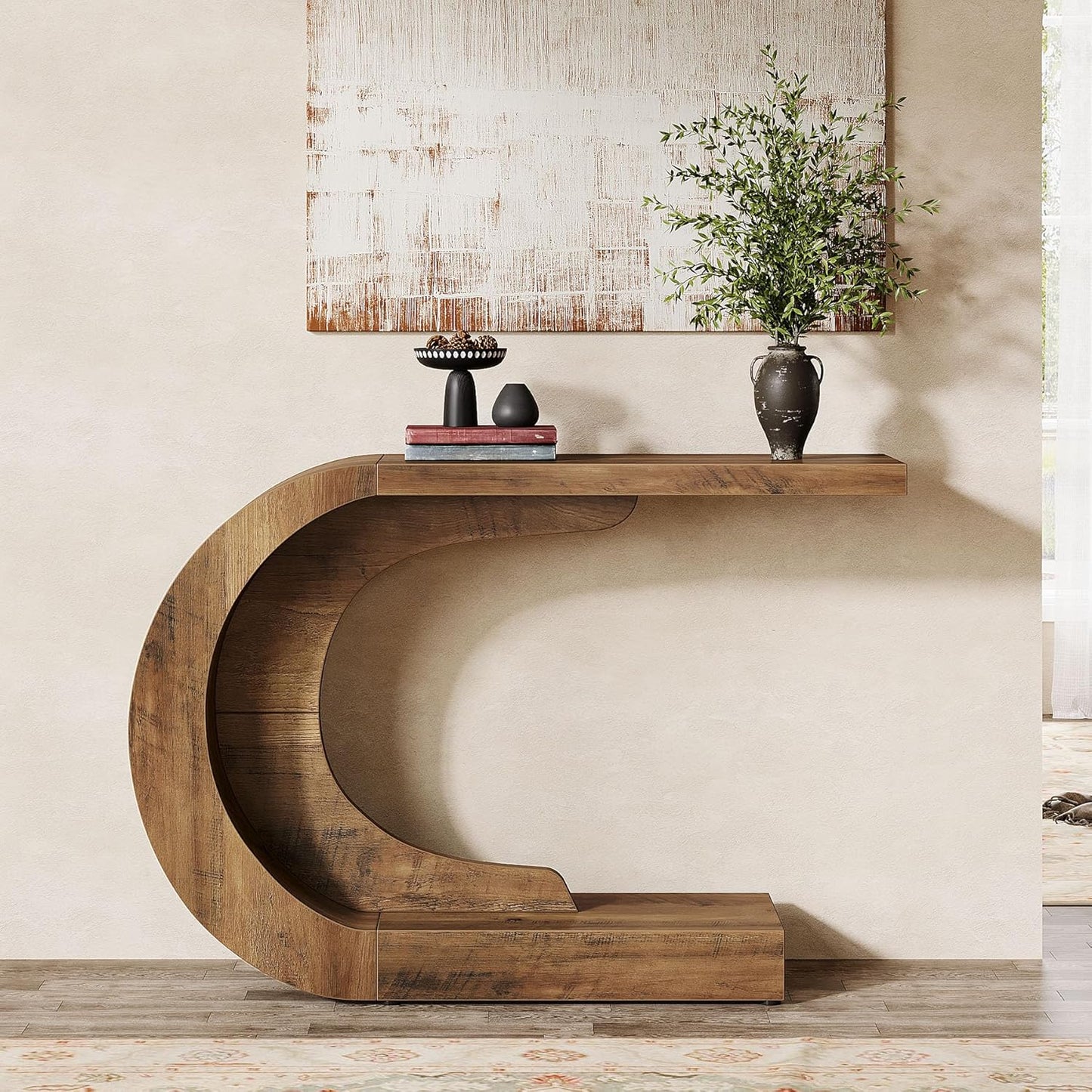 43.3" Mid-Century Modern Console Table for Entryway, Wood C-Shaped Hallway Entry Accent Table for Living Room, Entrance, Foyer, Easy Assembly, Brown