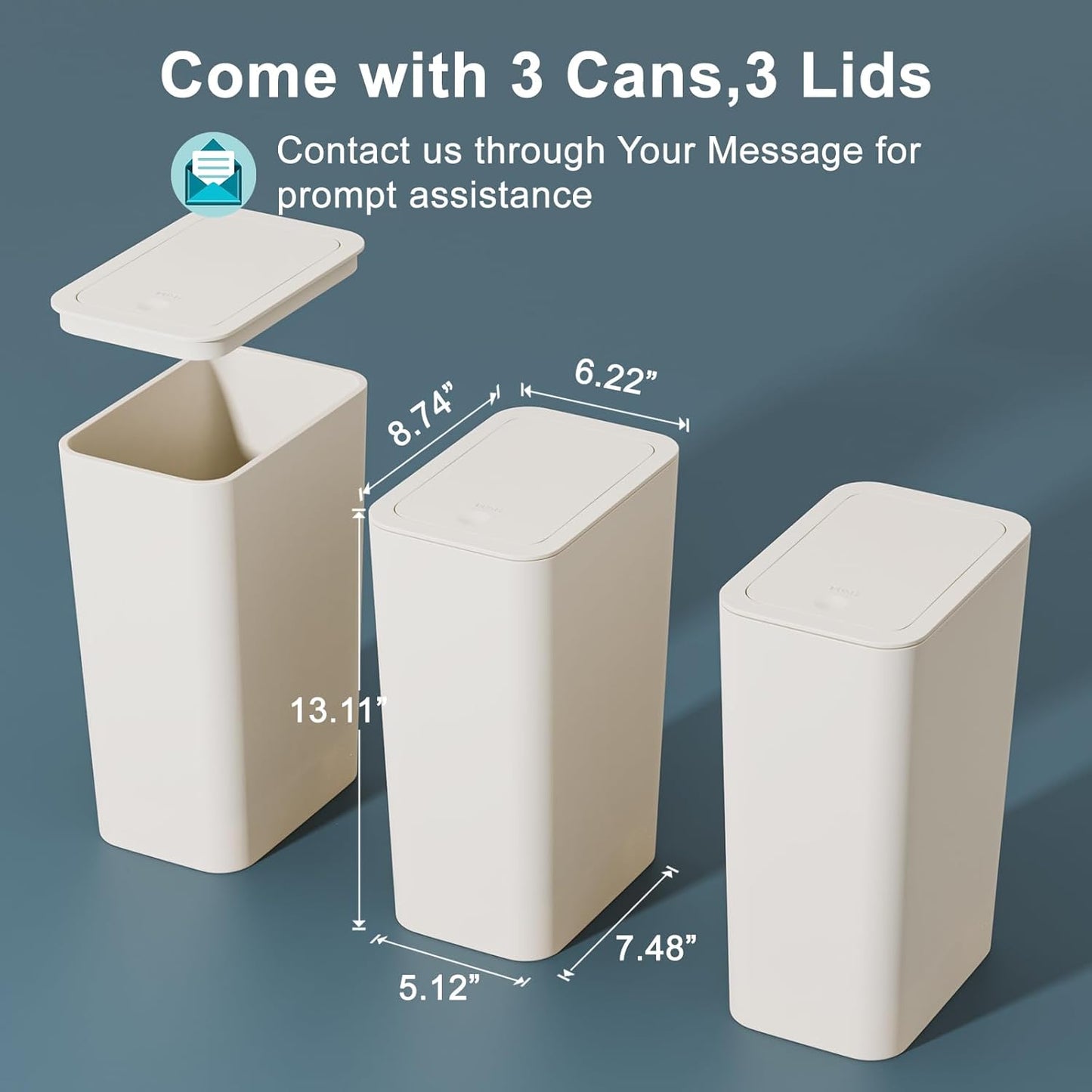 3 Pack 10L / 2.6 Gallon Small Trash Can with Lid, Bathroom Garbage Can with Pop-Up Lid, Waste Basket for Bathroom, Kitchen, Bedroom, Powder Room, Craft Room, Office, College (Off White)