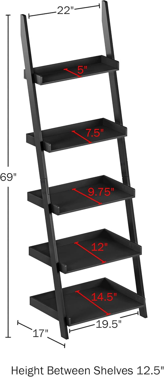 Bookshelf - 5-Tier Ladder Shelf with Leaning Look - Bookcase for Home Decor and Office Storage - Freestanding Book Shelves by (Black)
