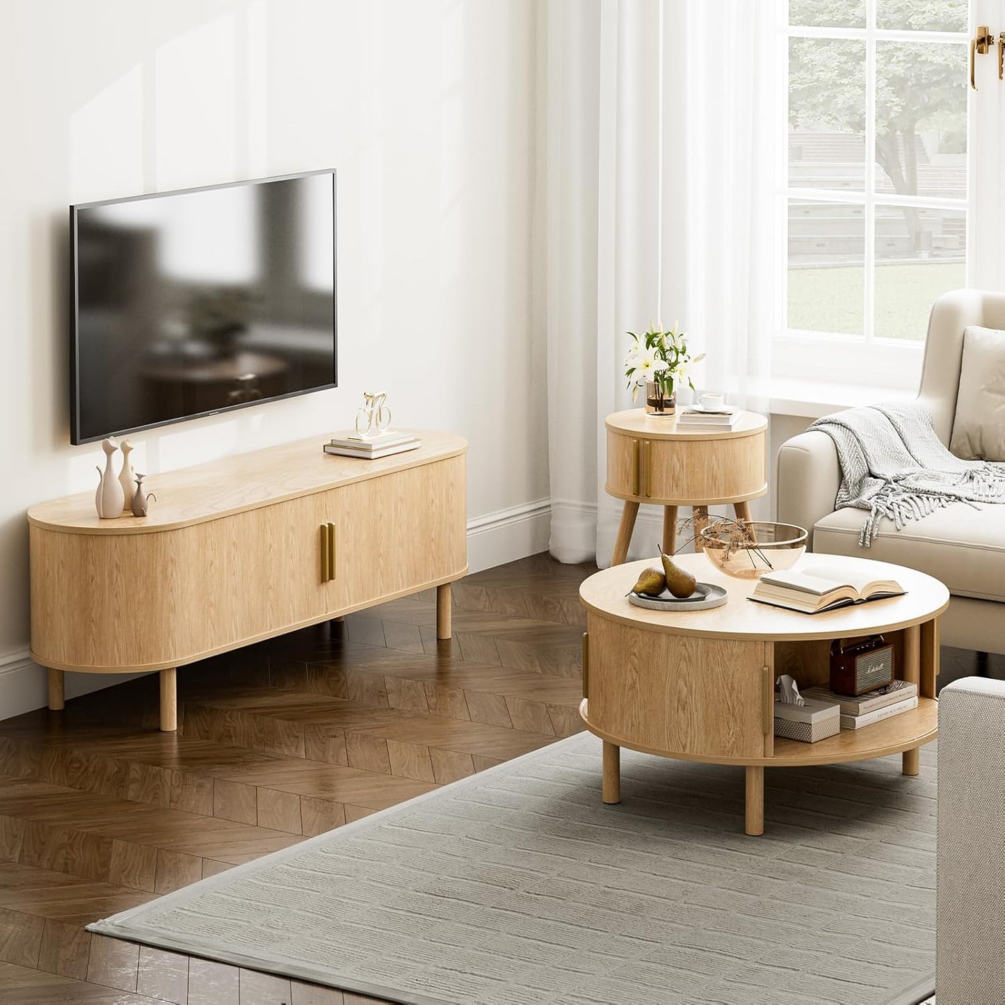 Natural round fluted coffee table with cabinets and sliding doors, view 8