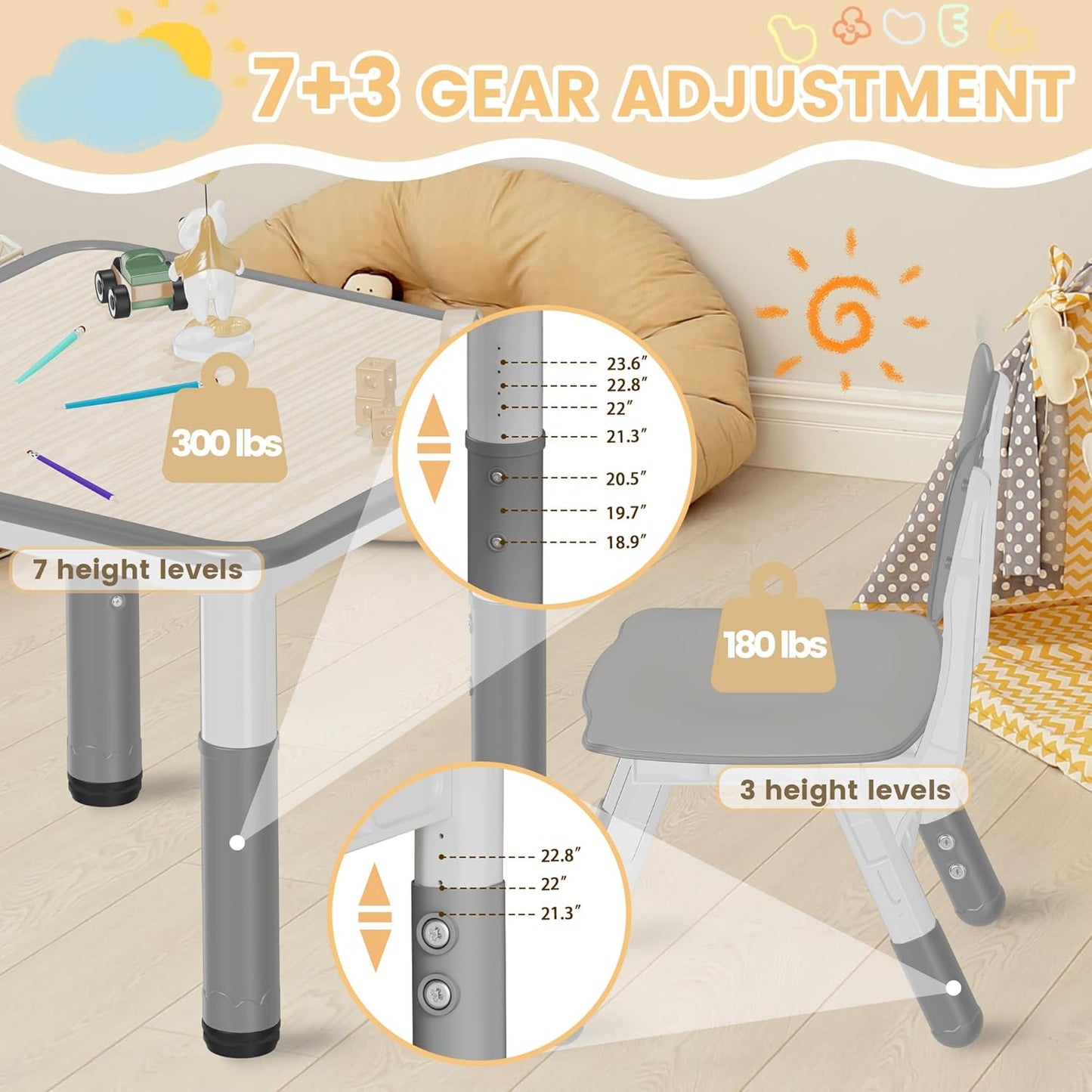 Kids Table and Chairs Set - 23.6" L X 23.6" W Height Adjustable Toddler Desk, Non-Slip Kids Chair with Graffiti Desktop for Ages 2-8, for Home Preschool Classroom Daycare, Grey