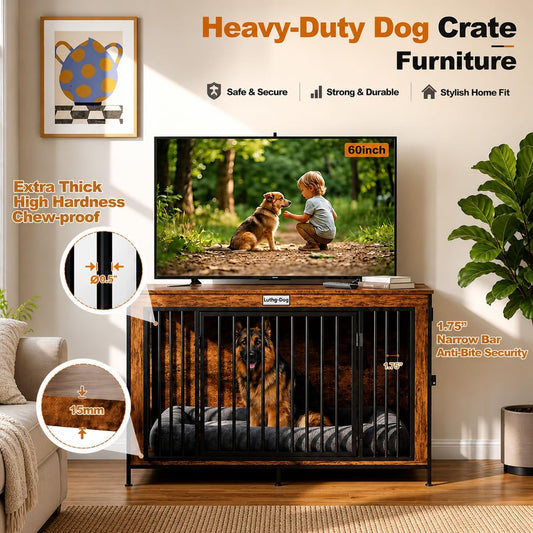 XL Dog Crate Furniture 48'' | Extra Large Heavy Duty Anti-Chew Dog Kennel | Rustic Wooden Entertainment Center & TV Stand with 350LB Top Capacity | Escape Proof Double Door Pet House