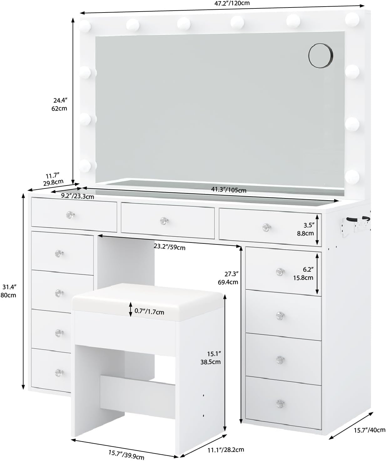 Vanity Desk & Power Outl, Makeup Vanity with Mirror and 12 LED Lights, Makeup Table with 11 Drawers, Vanity Table with Chair,Set 3 Lighting Modes Brightness Adjustable-(White)