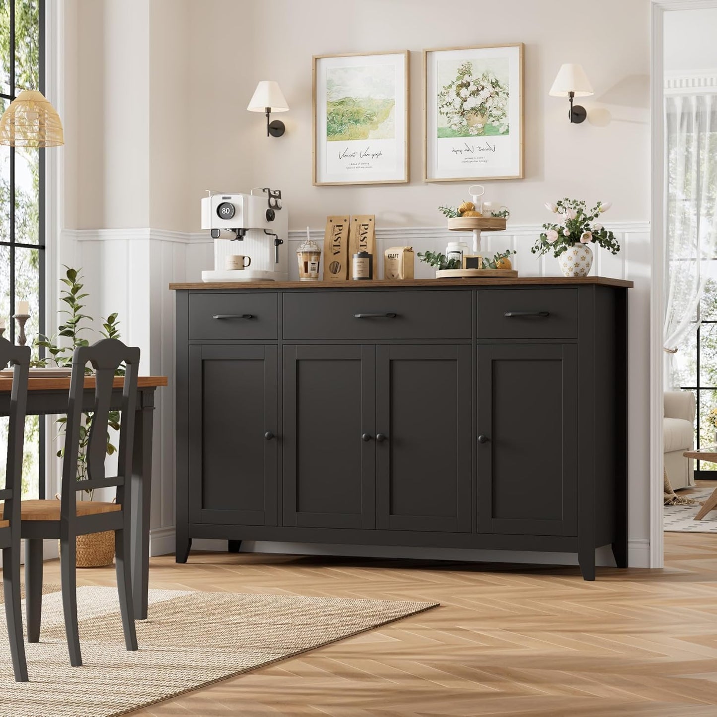 55" Buffet Cabinet, Modern Farmhouse Sideboard Buffet with Drawers, Large Kitchen Storage Cabinet with Adjustable Shelves, Wood Coffee Bar for Kitchen, Dining Room, Living Room, White