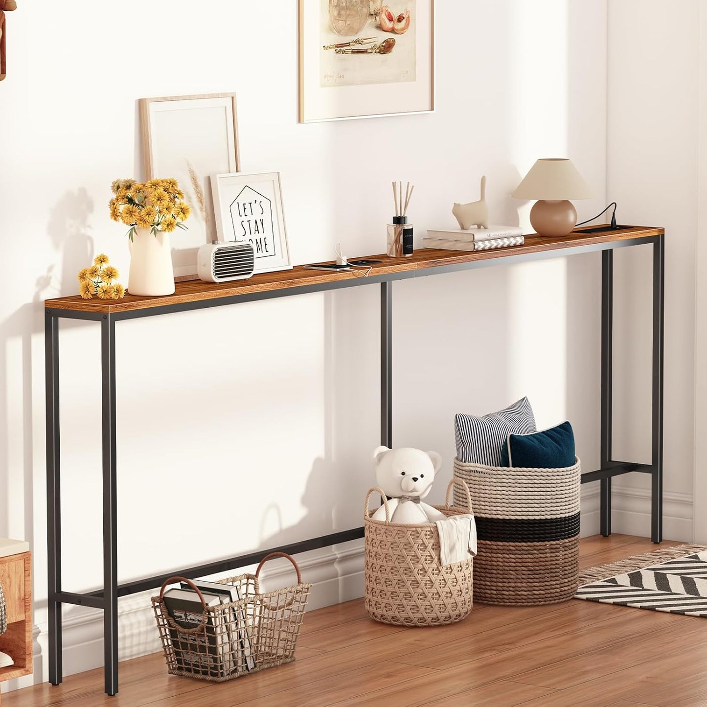 80.7'' Narrow Sofa Table with 2 Power Outlets (6 AC Outlets & 4 USB Ports), Thin Console Tables Narrow Long, behind Couch Table Skinny for Entryway, Living Room, Hallway, Foyer, Rustic Brown