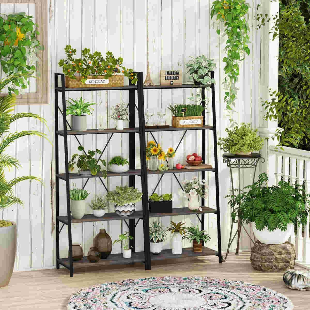5-Tier Ladder Shelf, Industrial Leaning Bookcase, Wood and Metal Ladder Bookshelf for Living Room, Bedroom, Kitchen, Home Office (Grey Oak)