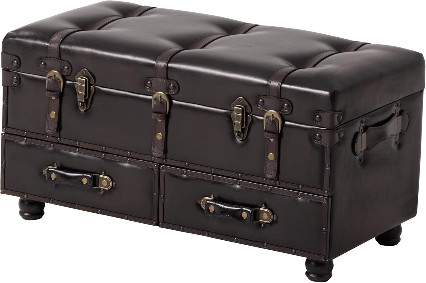 Vintage Treasure Chest Bench with Latch Closure and Buckle Trunk, Farmhouse Faux Leather Storage Ottoman Bench for Living Room, Entryway, Bedroom, Sponge Padded ,Black Brown