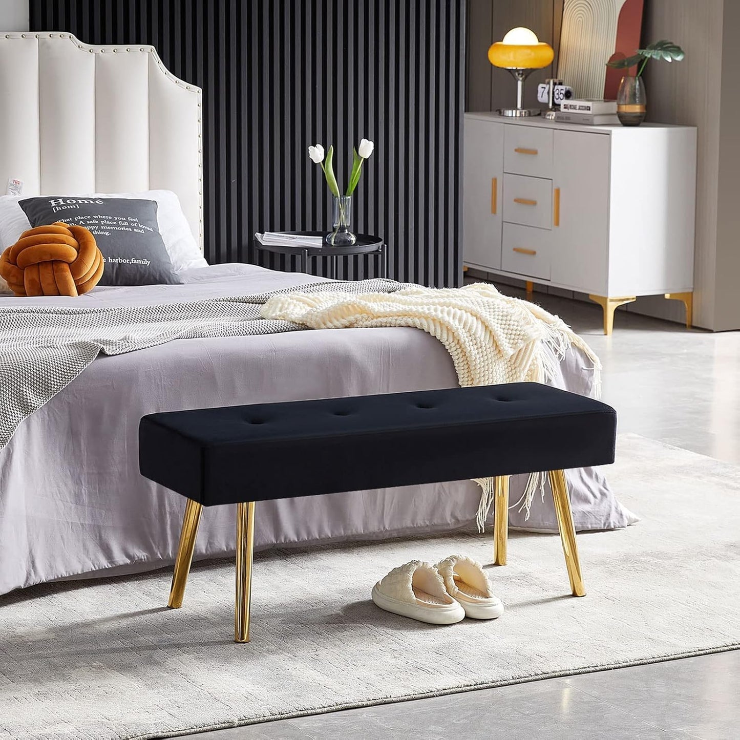 Entryway Bench, 40'' Upholstered Bedroom Benches, End of Bed Bench with Metal Legs, for Decorative, Living Room, Dining Room, Black Bench