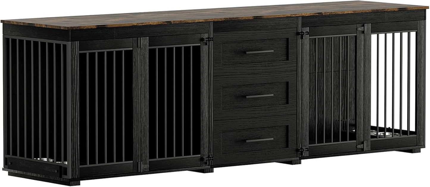 94.5" Large Dog Crate Furniture for 2 Dogs, Double Wooden Dog Kennel Furniture with 4 Dog Bowls & 3 Drawers, Heavy Duty Indoor Furniture Style Dog Cage TV Stand/Table/House, Black