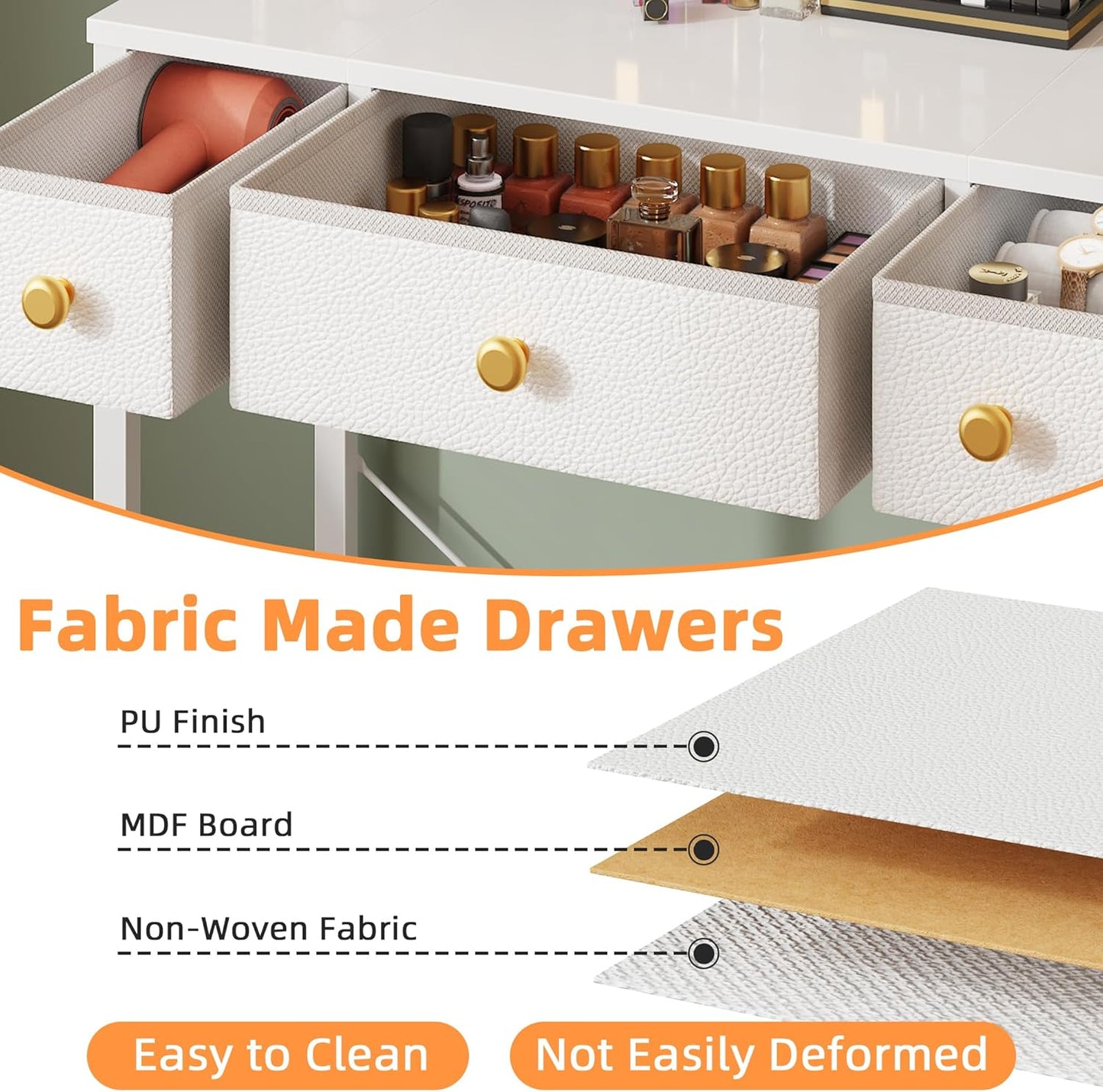 Small Makeup Vanity Desk with 3 Fabric Drawers, Vanity Table 11.8" D X 27.5" W with Mirror and Lights and Height-Adjustable Stand, Vanity for Girls Gifts, Bedroom and Small Spaces, White