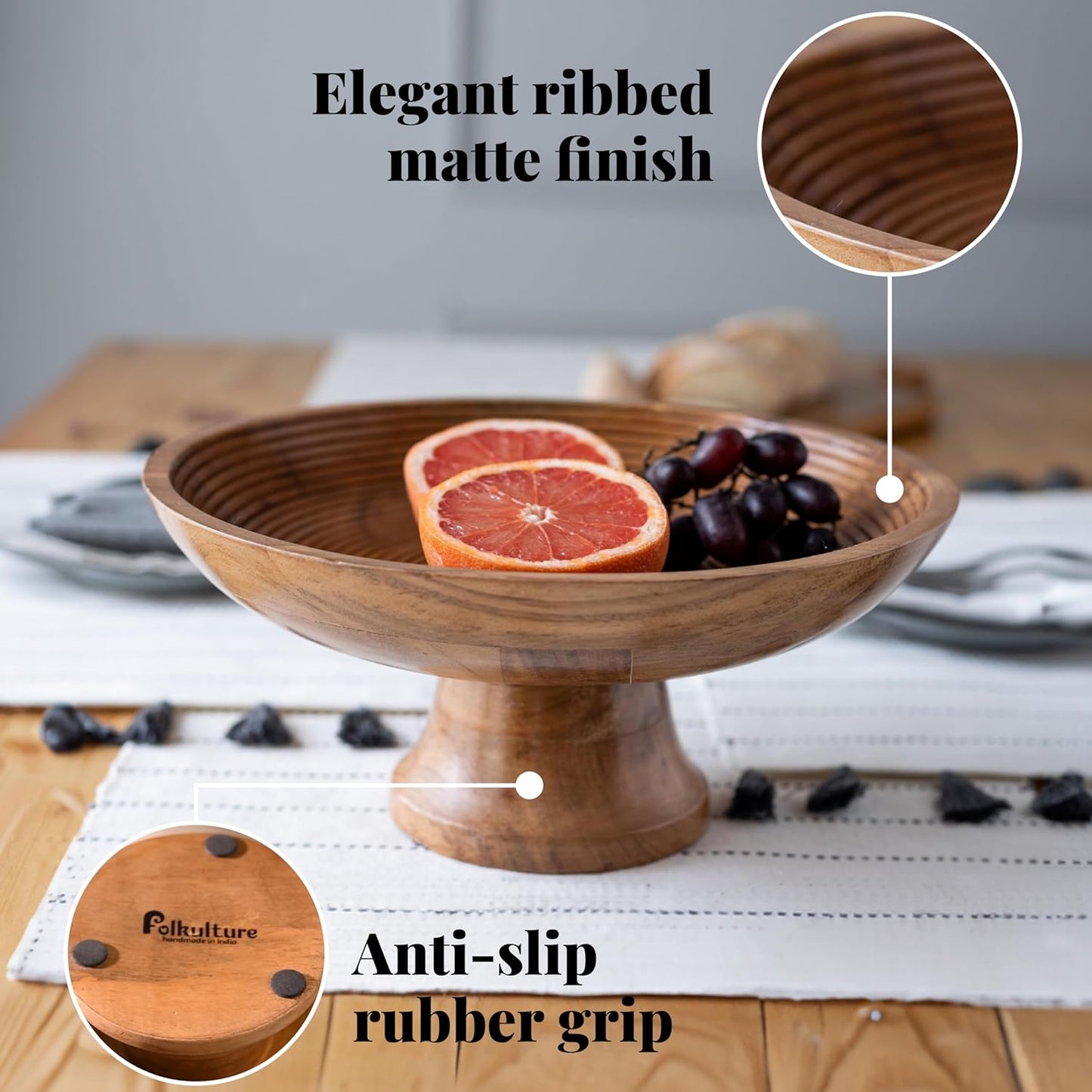 Wooden Fruit Bowl for Kitchen Counter | 12" Large Premium Eco Friendly Banana Fruit Basket for Kitchen | Acacia Wood Bowl with Holder, Pedestal for Table Decor, Centerpiece for Dining Table