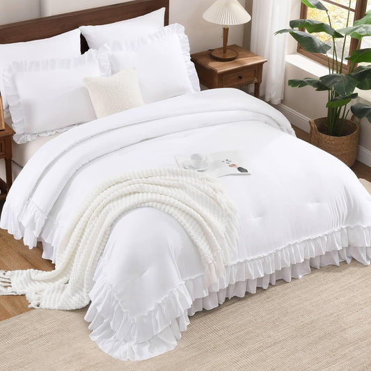 White Ruffle Comforter Full Set, 3Pcs Vintage Farmhouse Shabby Chic Bedding Comforter Set, Soft Lightweight Fluffy Bed Comforter Sets All Season Bedding Set