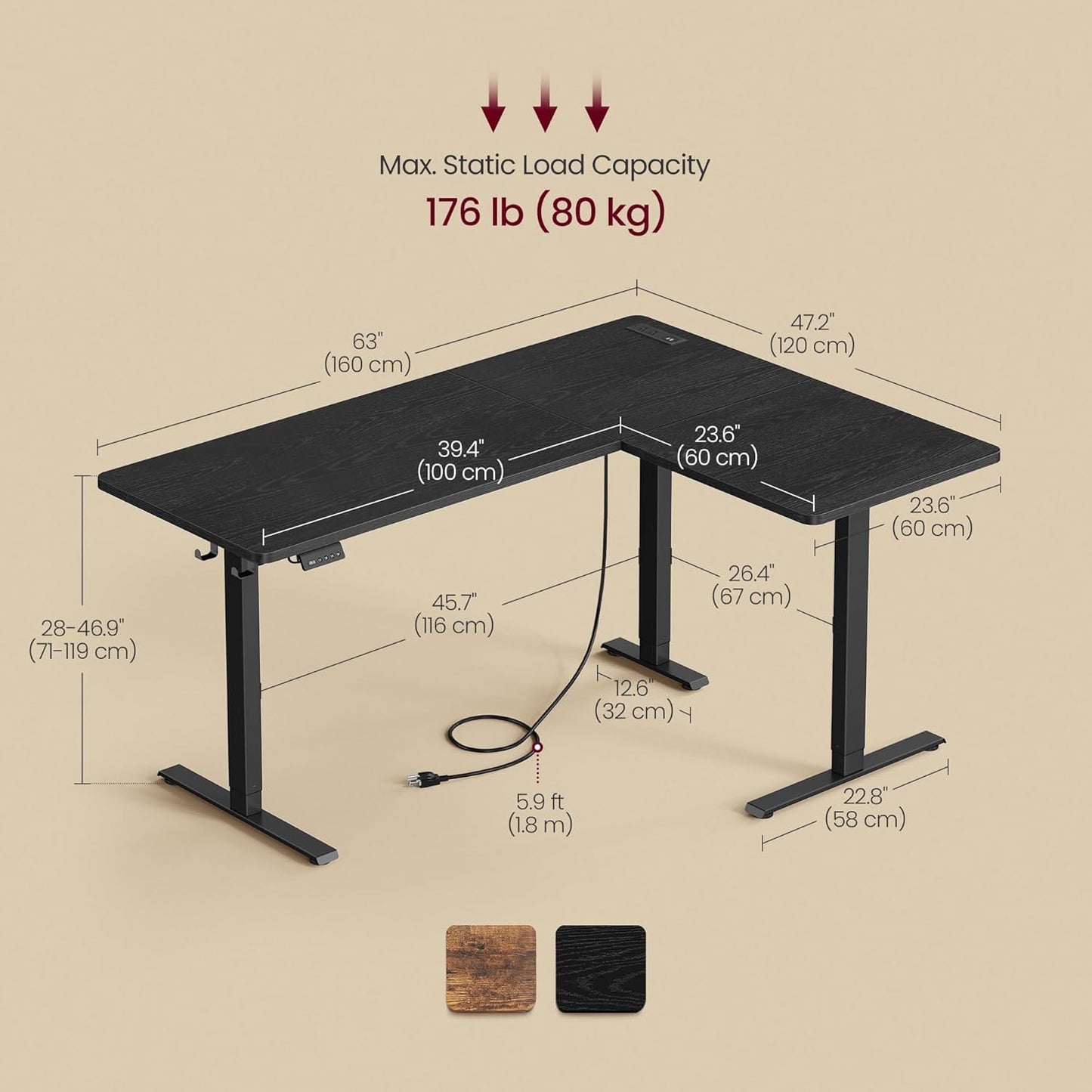 L Shaped Electric Standing Desk, 63 X 47.2 Inches, Height Adjustable Corner Desk with Power Outlets, 2 Memory Buttons, Easy to Assemble, for Home Office, Ink Black ULSD242B01