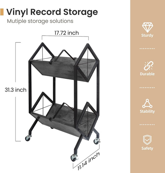 Vinyl Record Storage Holder with Wheels, 2-Tier Record Holder 160-200 LP with Dividers, Retro Style Quick Assembly Vinyl Record Display for Albums, Magazine, Book, Files(2 Tier- Gray)