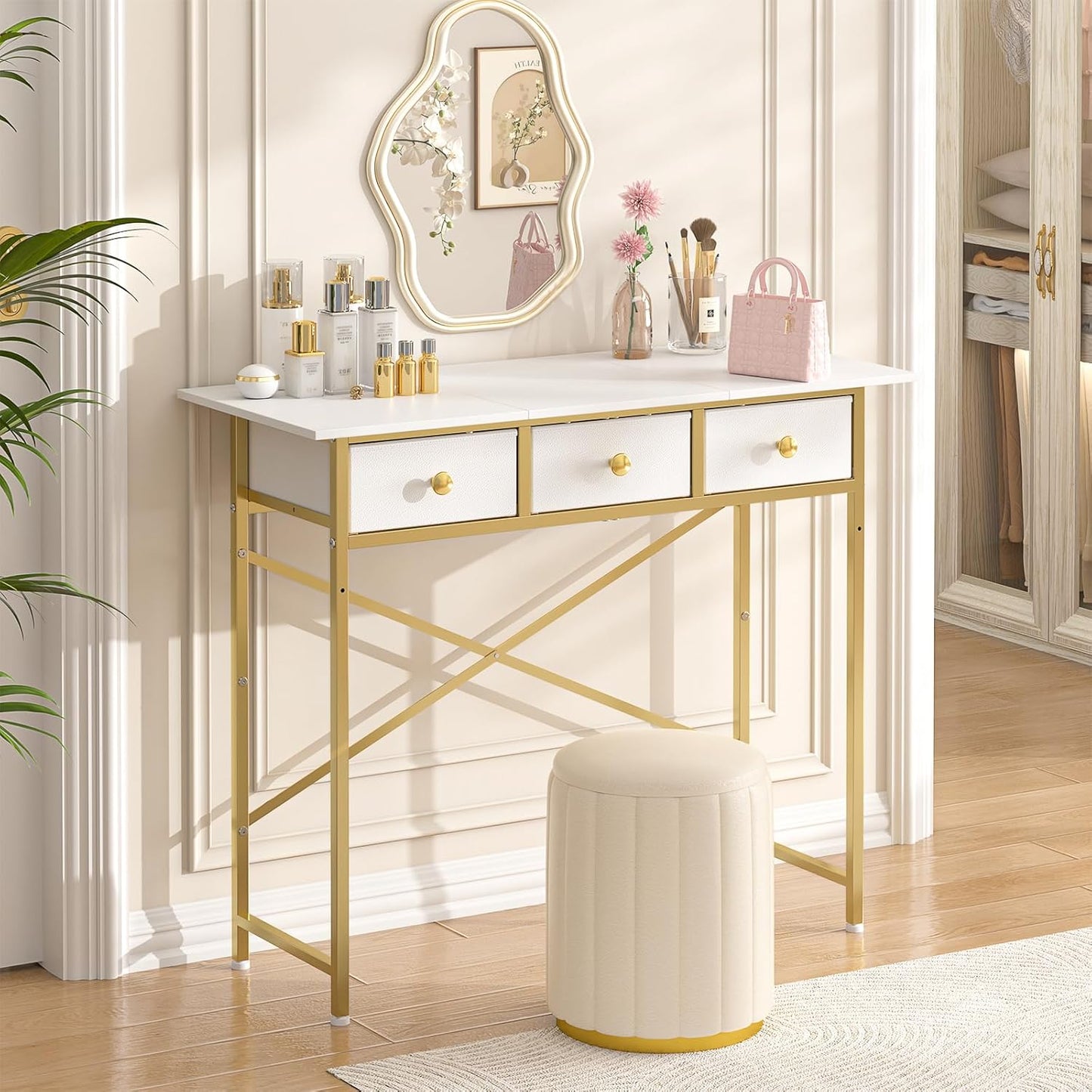 Small Makeup Vanity Desk No Mirror, 37.2 Inch Vanity Desk with 3 Drawers, Girls Vanity Dressing Table for Bedroom, Small Vanity for Small Spaces, White and Gold