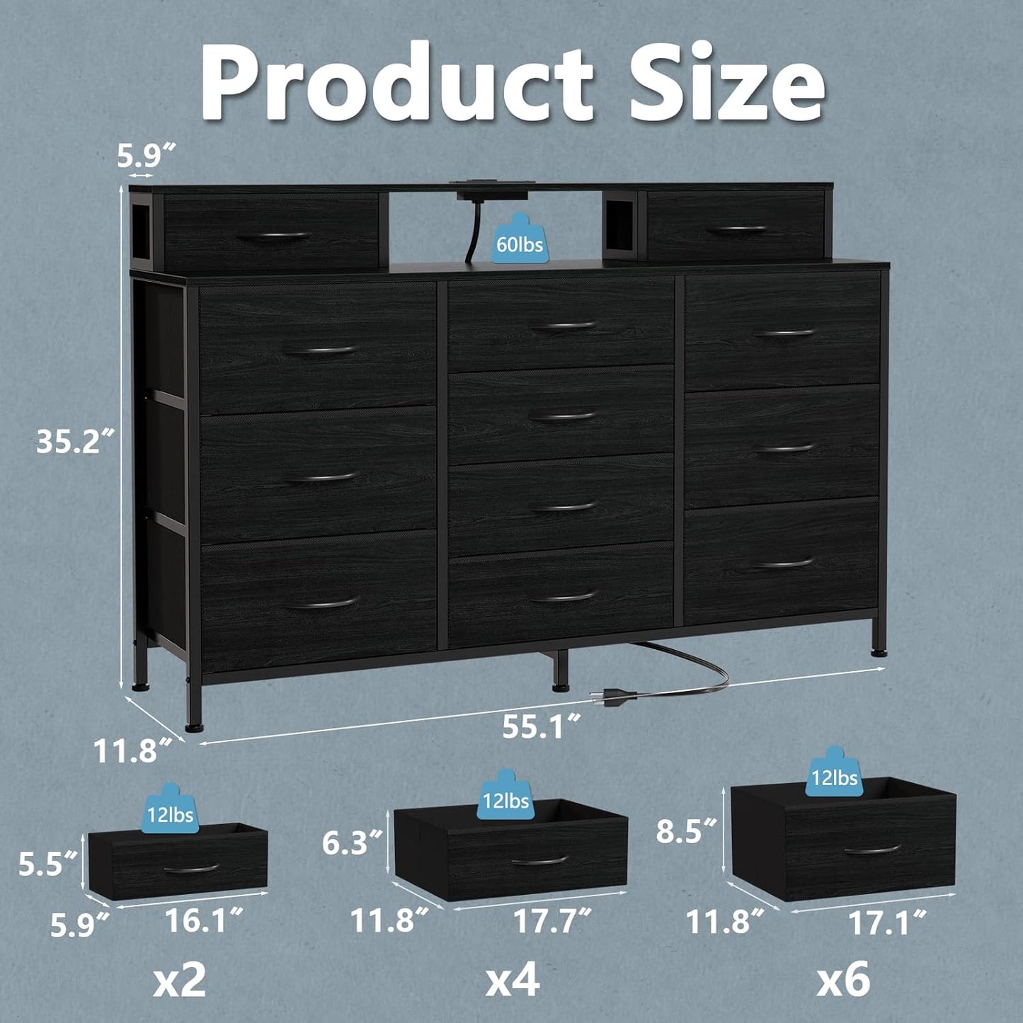 55" W Dresser for Bedroom with LED Lights and Power Outlets,Black Large 12 Storage Drawers Long Fabric Chests Dressers with 2 Shelves for Closet,Living Room,Entryway,Wooden Top,Metal Frame