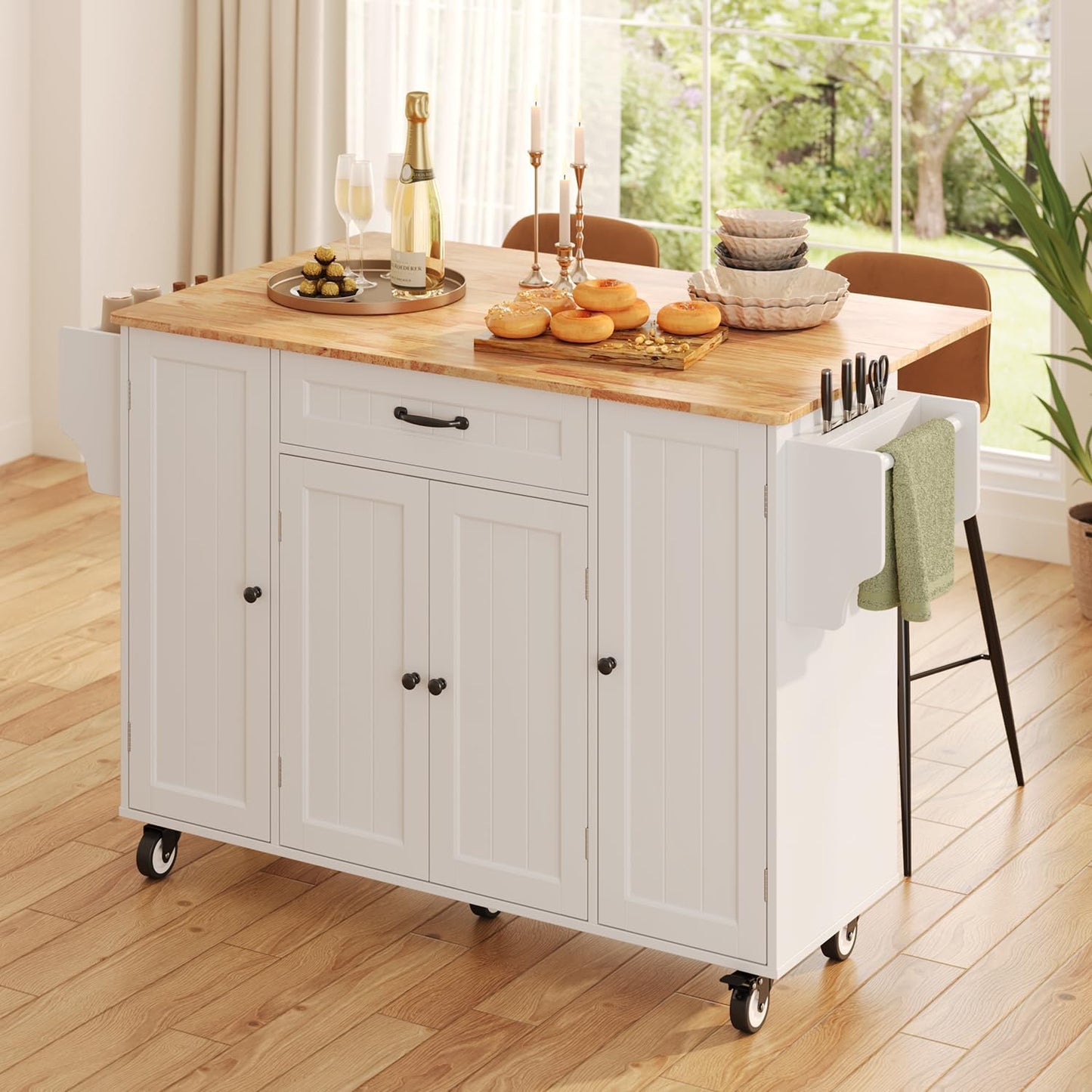 Kitchen Island with Storage, 47.6" Rolling Kitchen Island on Wheels with Drop Leaf, Door Cabinet, Drawer, Spice Rack, Towel Rack and Knife Holder, Kitchen Cart Island Table for Kitchen, White