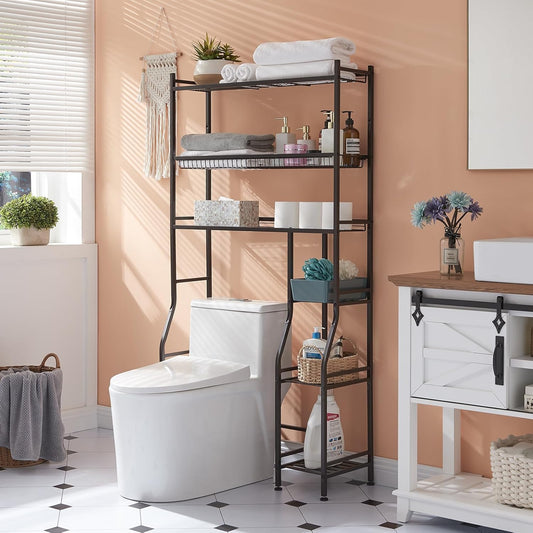 6-Tier over the Toilet Storage with Side Rack, 32.8" W X 12.2" D X 61" H over Toilet Bathroom Organizer, Freestanding above over Toilet Storage Shelf for Restroom, Laundry, Black