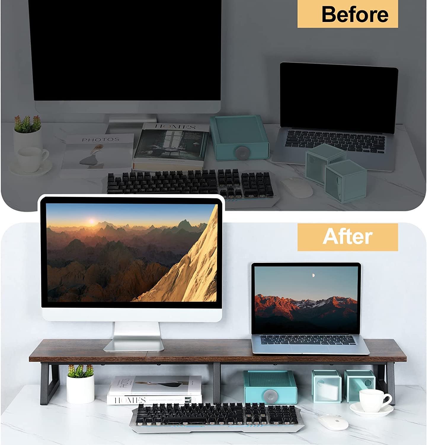 Rustic brown extra long dual monitor riser with storage, view 7