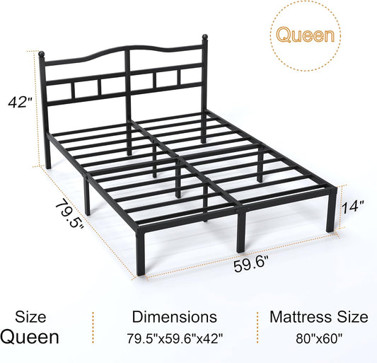 14 Inch Queen Bed Frame with Headboard, Heavy Duty Metal Platform Bed Frame Queen Size Mattress Foundation with Sturdy Steel Slats, Easy Assembly Noise Free