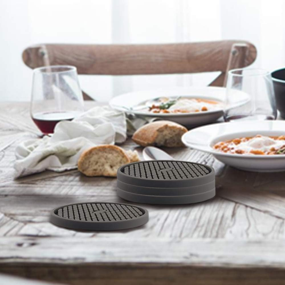 Gray non-slip silicone drink coasters with holder, six pack, view 9
