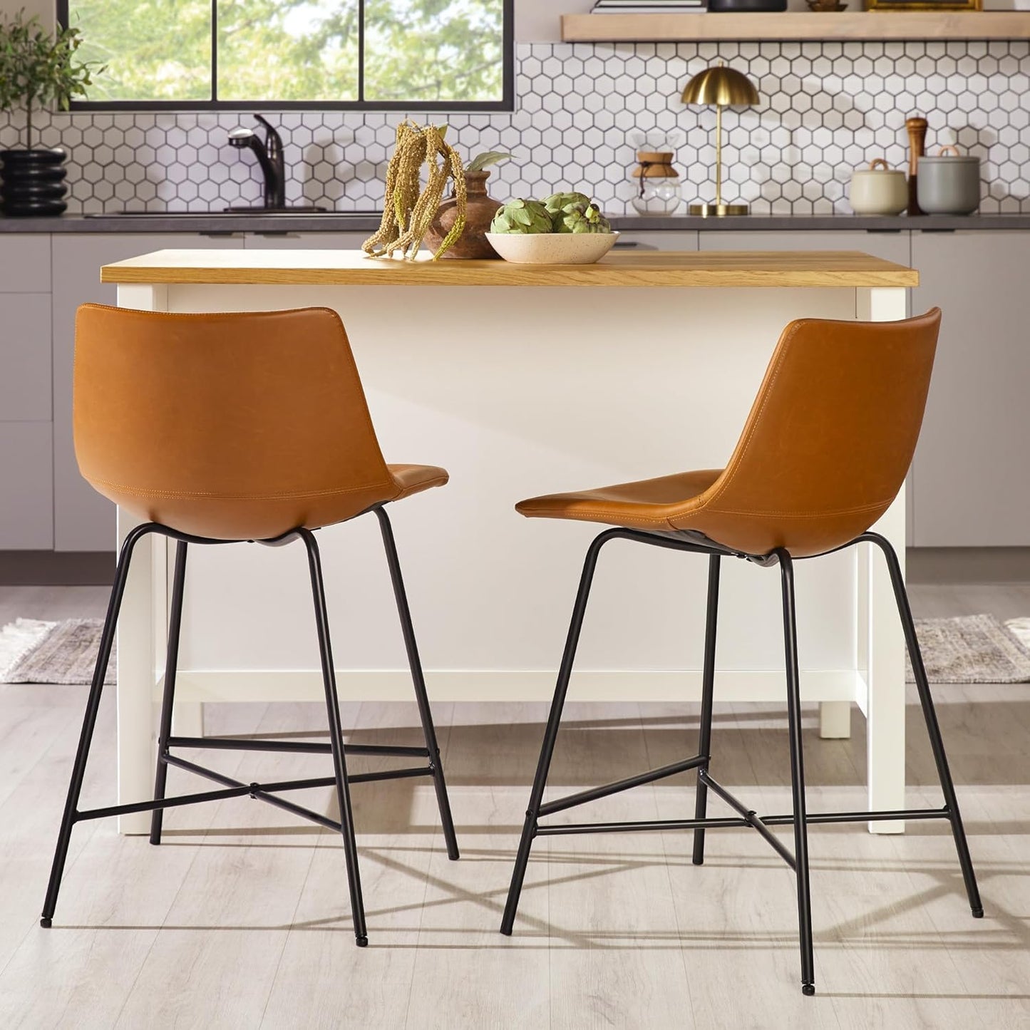 Xuma Modern Faux Leather Armless Low Back Counter Stool, Set of 2, Whiskey Brown