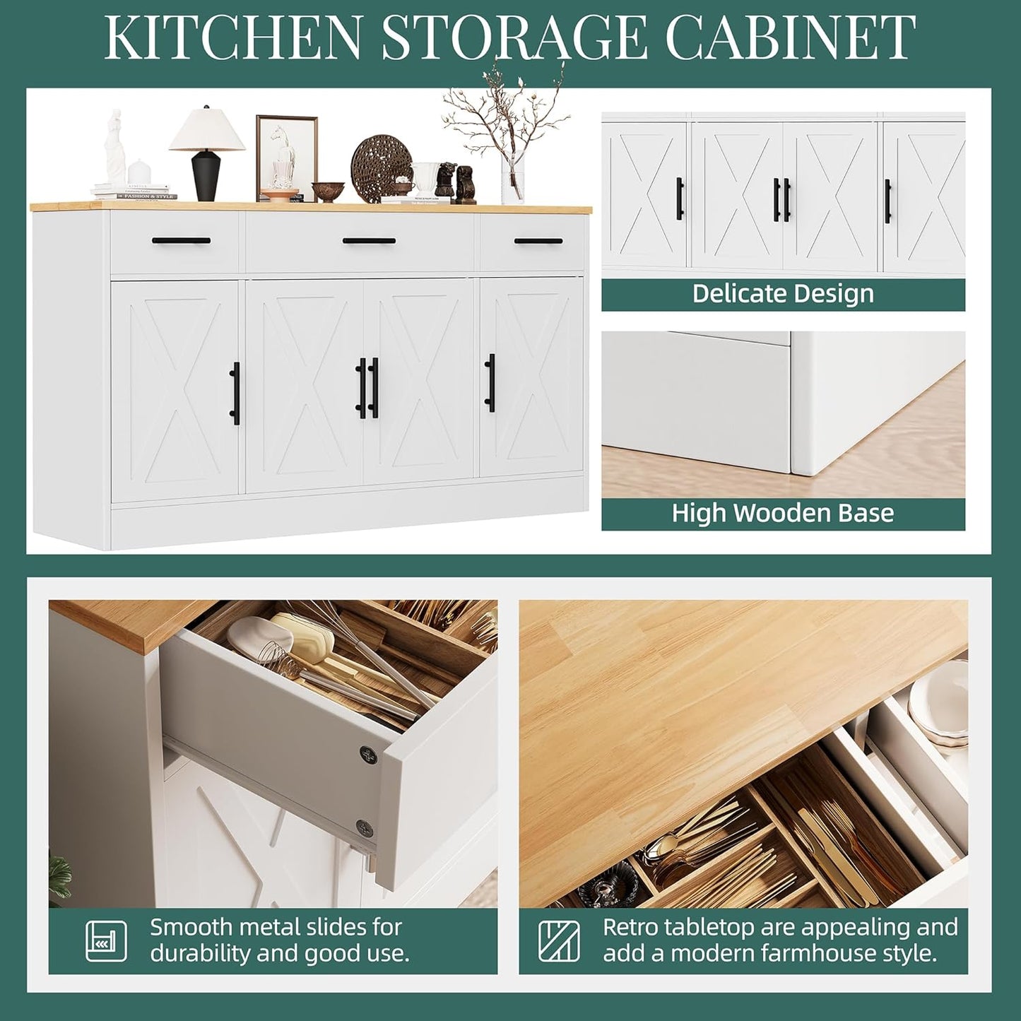 Buffet Cabinet with Storage,53.4" Large Kitchen Storage Cabinet with 3 Drawers and 4 Doors,Wood Farmhouse Buffet Sideboard with Adjustable Shelf for Kitchen Living Room