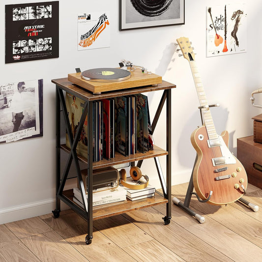 Record Player Stand with Charging Station, Turntable Stand with Record Storage & 4 Rolling Wheels, Vinyl Record Storage Table up to 250 Albums for Living Room, Bedroom (Dark Brown)