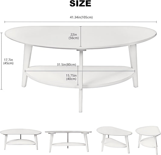 Mid-Century Modern Coffee Table for Living Room, 100% Solid Wood Oval Coffee Table, 2 Tier Wooden Coffee Tables for Home Office Livingroom, 40.2 X 22 Inches Easy Assemble (White)