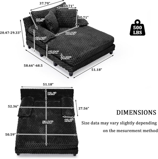 Faux Fur Chaise Lounge Indoor with Adjustable Backrest, 59 Inches Single Sleeper Sofa Chair with 3 Lumbar Pillows, Upholstered Oversized Lounge Chair for Living Room, Bedroom, Office