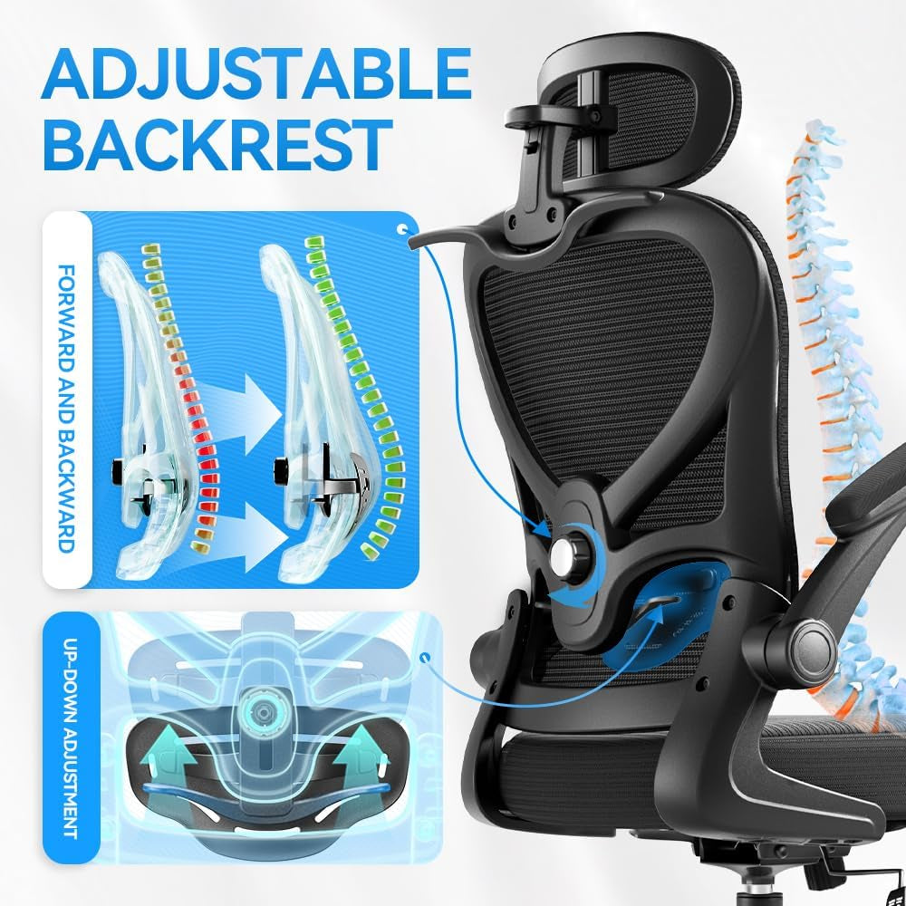 Ergonomic Office Chair with Headrest 3D, Mesh Office Desk Chair with Adjustable Lumbar Support, Computer Chair with Flip up Armrests, 350LBS Capacity - Design for Home/Offices - Black