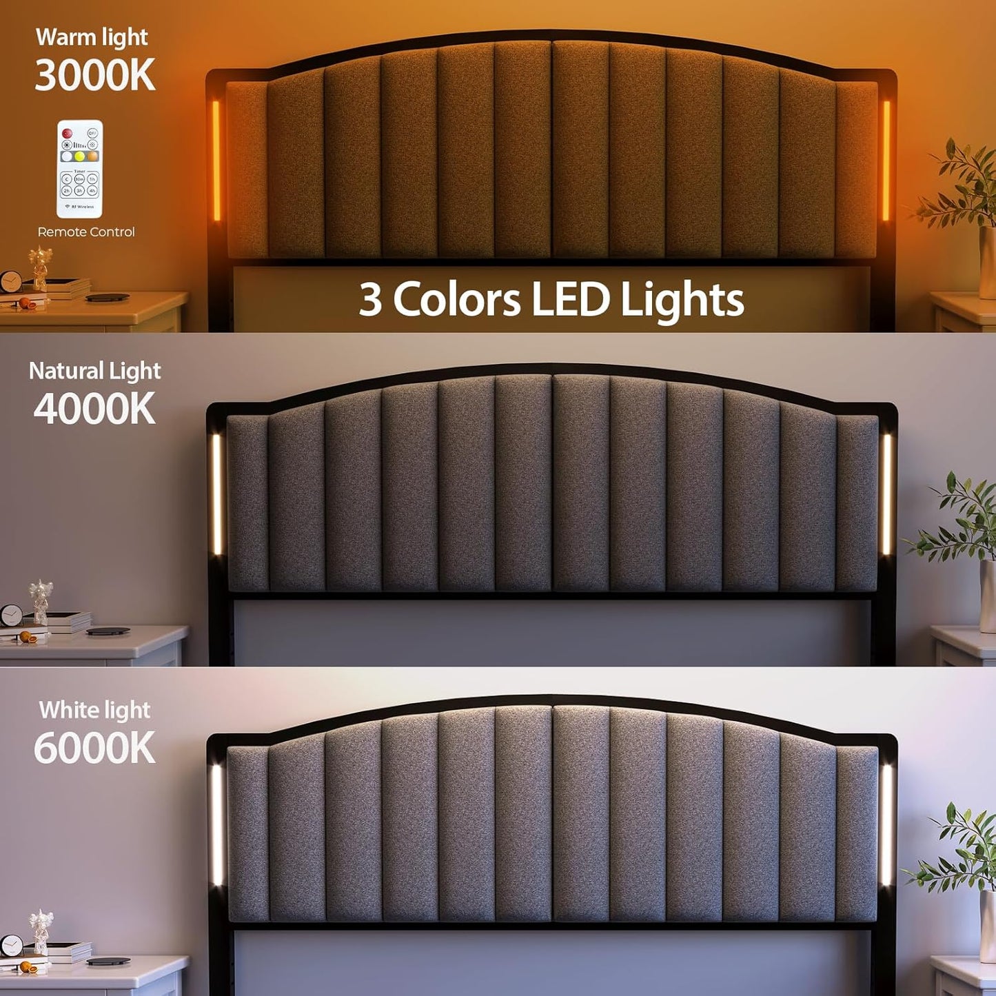 Headboard for Queen Size Bed with LED Lights, Upholstered Vertical Channel Tufting Head Boards, Linen Fabric Bed Headboard Only, Attach Frame, Ideal for Bedroom, Dorm, Guest Room, Grey