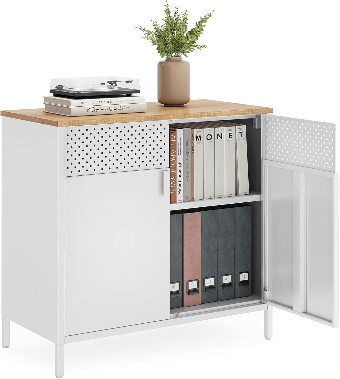 Set of 2 Storage Cabinets, Metal Cabinet, Sideboard with 2 Doors, 15.7 X 31.5 X 29.9 Inches, Magnetic Closure, Adjustable Shelf, Steel Frame, Rustic Brown and Black ULSC791B01