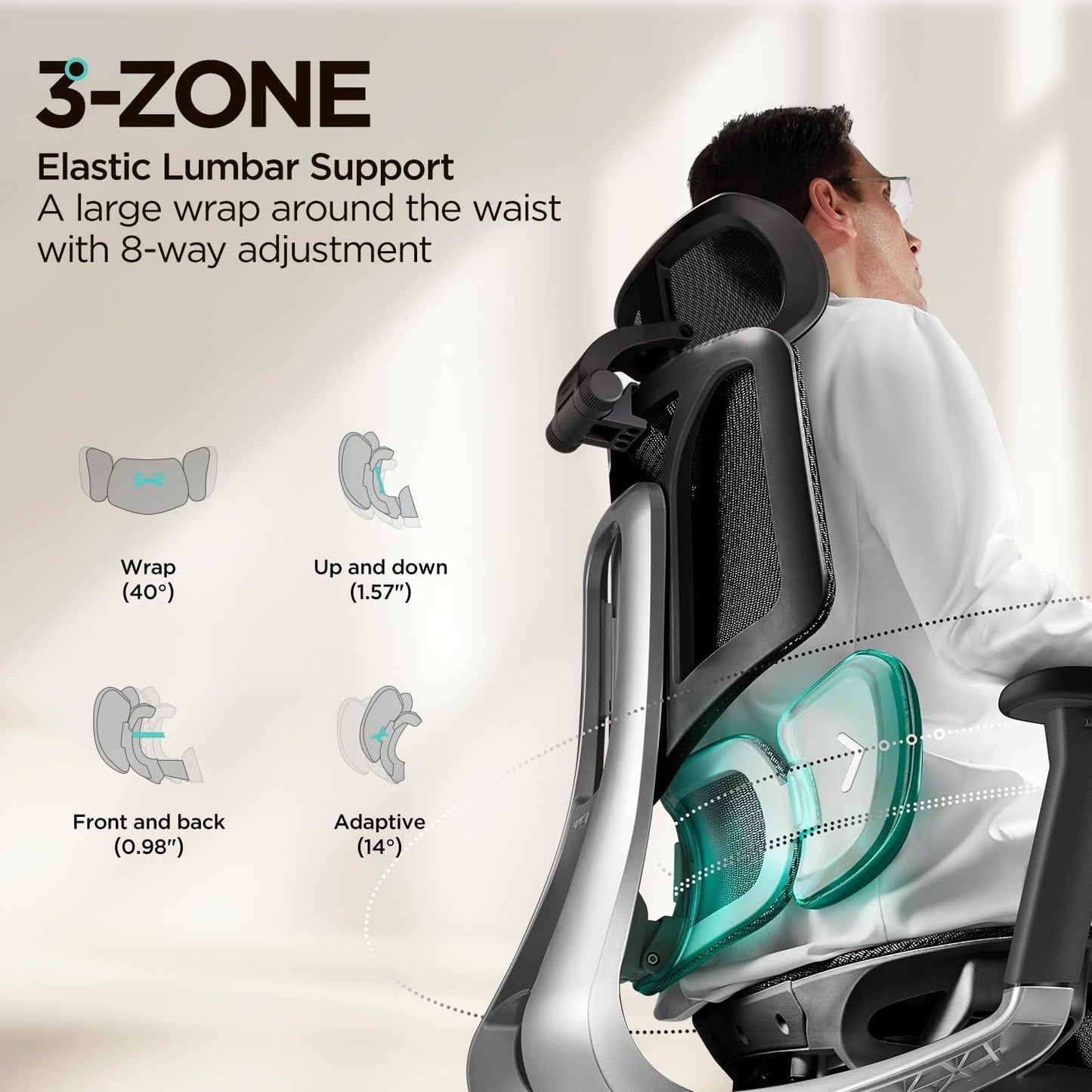 E3 Air Ergonomic Office Chair, Big and Tall Office Chair - with 3-Zone Dynamic Lumbar Support, 3D Adjustable Headrest, 3D Adjustable Armrests, Swivel, Black(No Footrest)