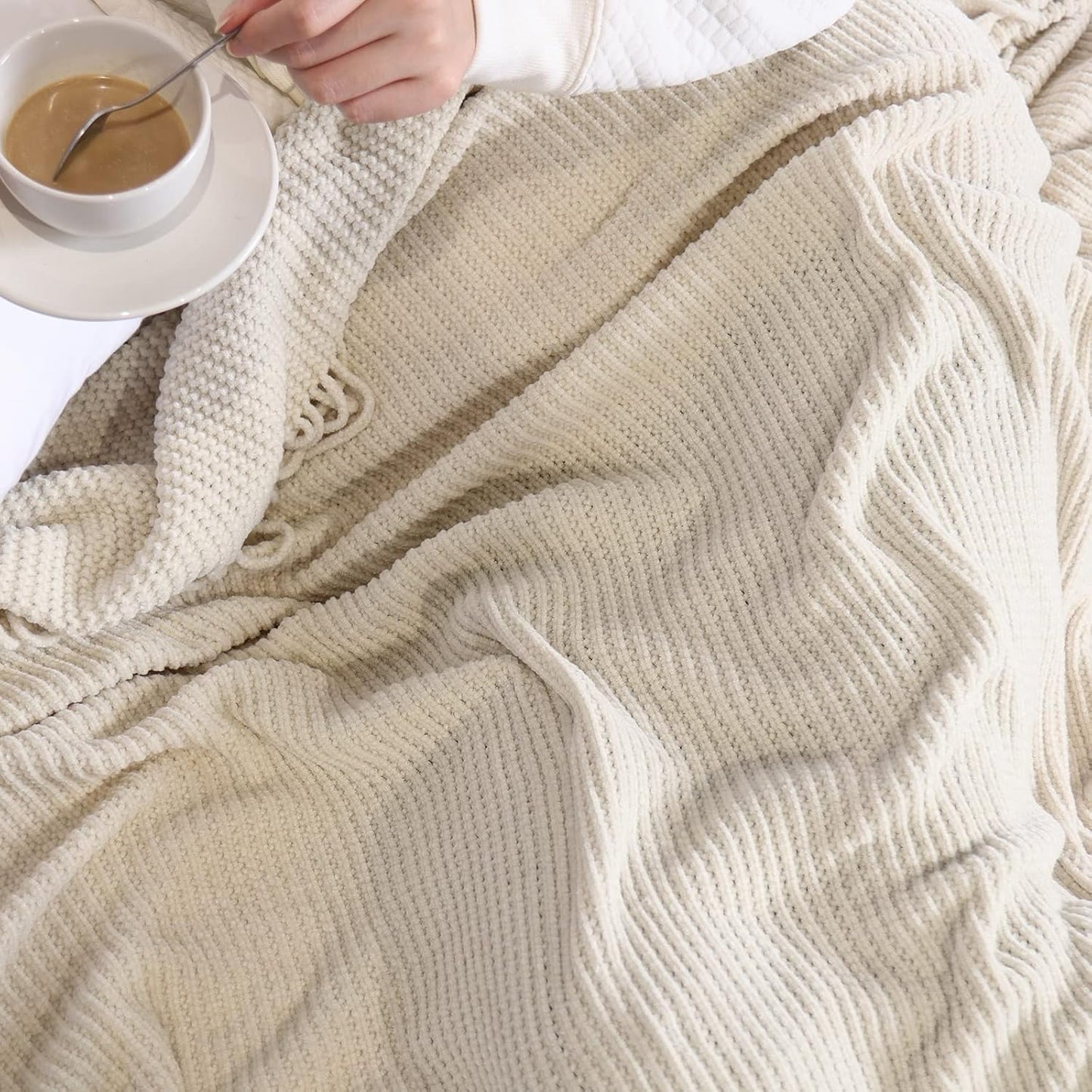 Throw Blanket for Couch, Soft Boho Decor Bed Throw,Cozy White Chenille Knitted Small Farmhouse Lightweight Throw(White/Cream,50 * 60")