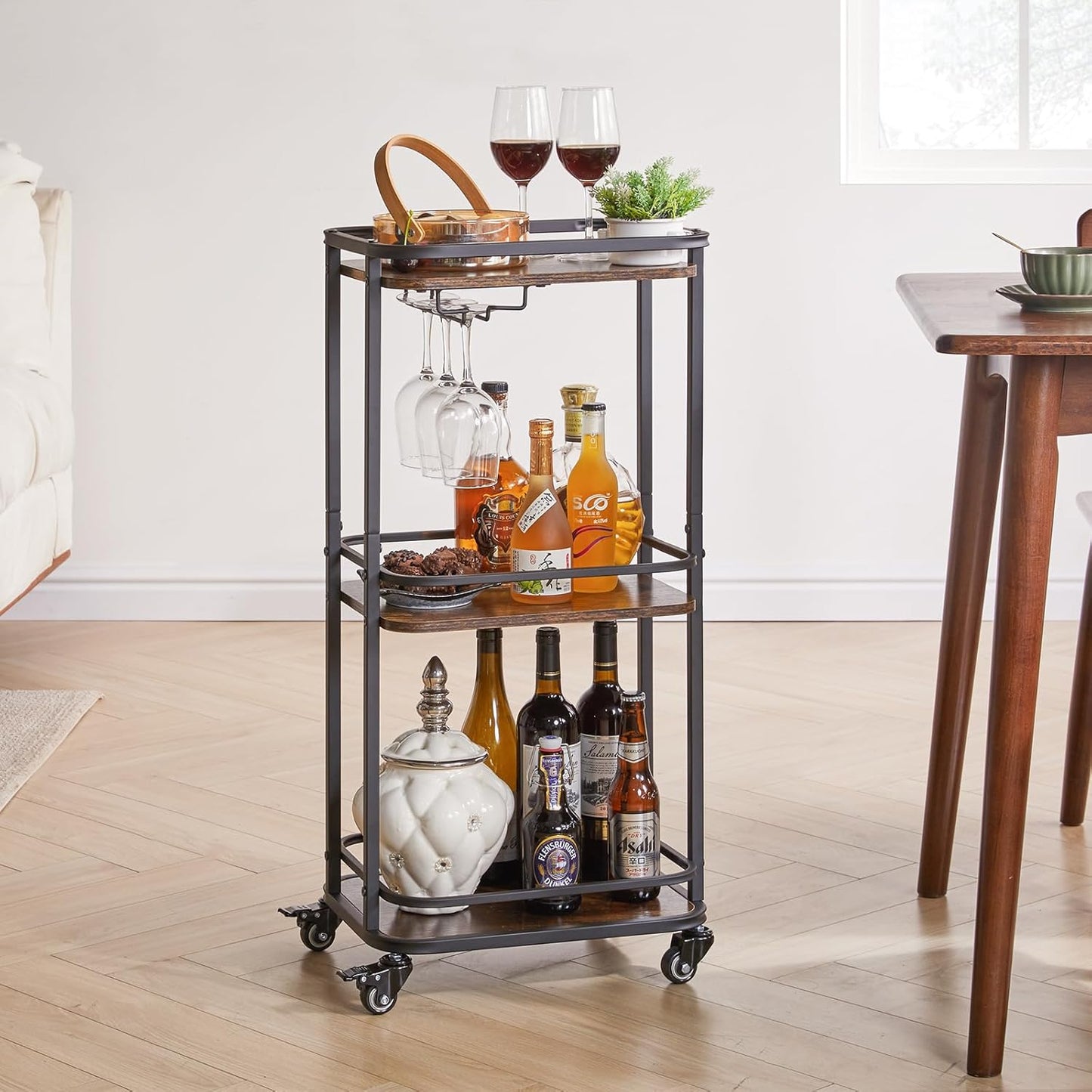 3-Tier Home Bar Serving Cart,Kitchen Storage Carts with Wheels,11.79X15.72X33.01 Inches,Rolling Mini Bar Cart for Home, Outdoor, Kitchen, Bedroom TMJ319H