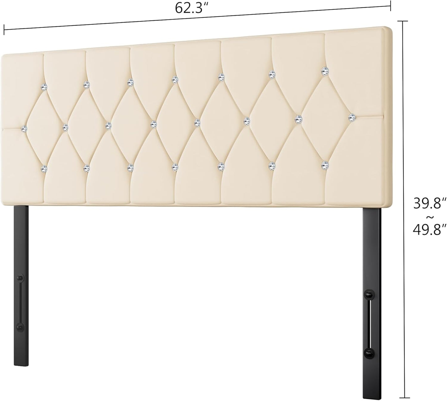 Tufted Upholstered Headboard Queen Size, with 6 Adjustable Height from 39.8" to 49.8", Button Diamond Design, Easy Assembly, Beige