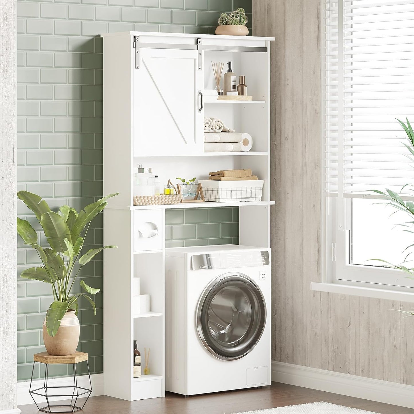 Over-The-Toilet Storage Cabinet, Bathroom Organizer with Double Doors, Adjustable Shelves, Space-Saving Toilet Shelf for Small Bathrooms, White, Freestanding Design
