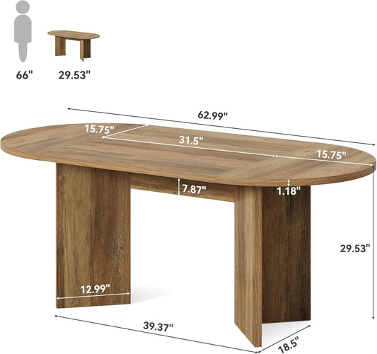 63" Rustic Oval Dining Table for 4-6, Sturdy MDF Farmhouse Kitchen Table with Metal Strip Base, for Living Room, Office, Restaurant, Multi-Use, Umber
