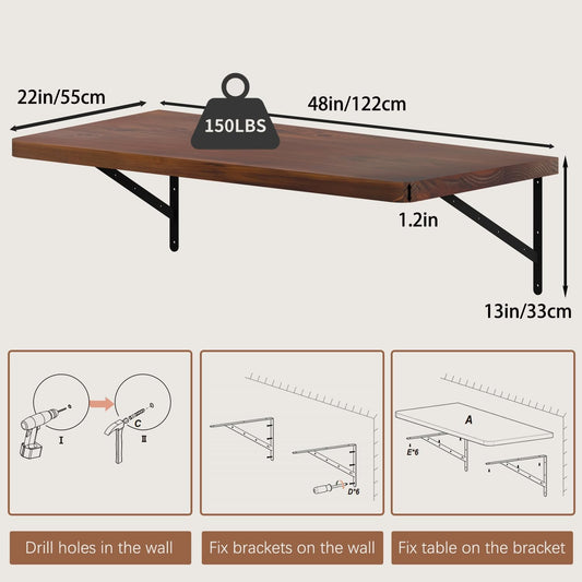 Floating Wall Desk for Home Office,Wall Mounted Table with Pine Wood,48 Inch Workbench for Garage,Work Table with Heavy Duty Brackets for Kitchen,Dining,Laundry
