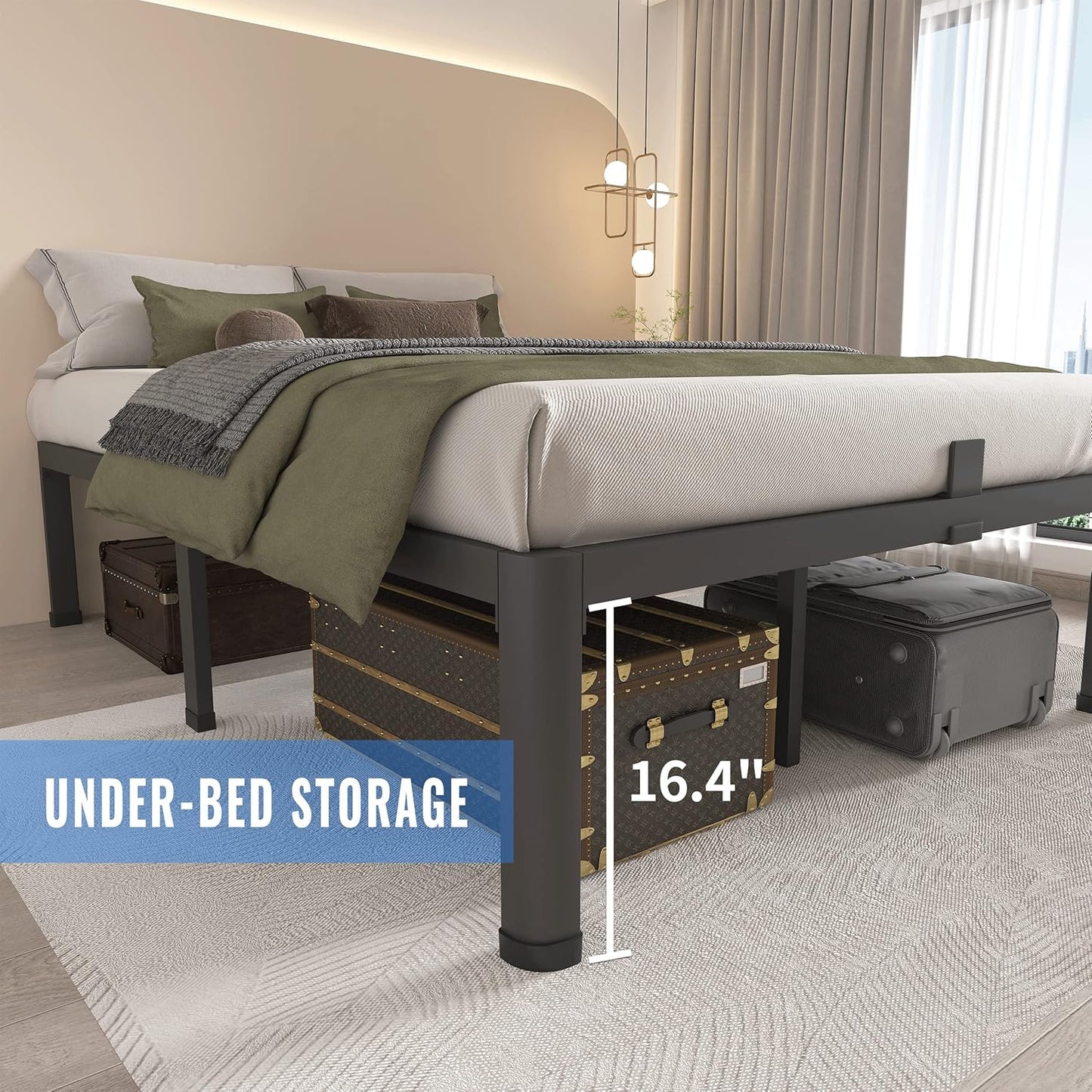 18 Inch Twin Bed Frames with round Corner Legs Mattress Slide Stopper No Box Spring Needed Heavy Duty Metal Platform Bed Frame Under-Bed Storage Space, 3000 LBS Steel Slats Support
