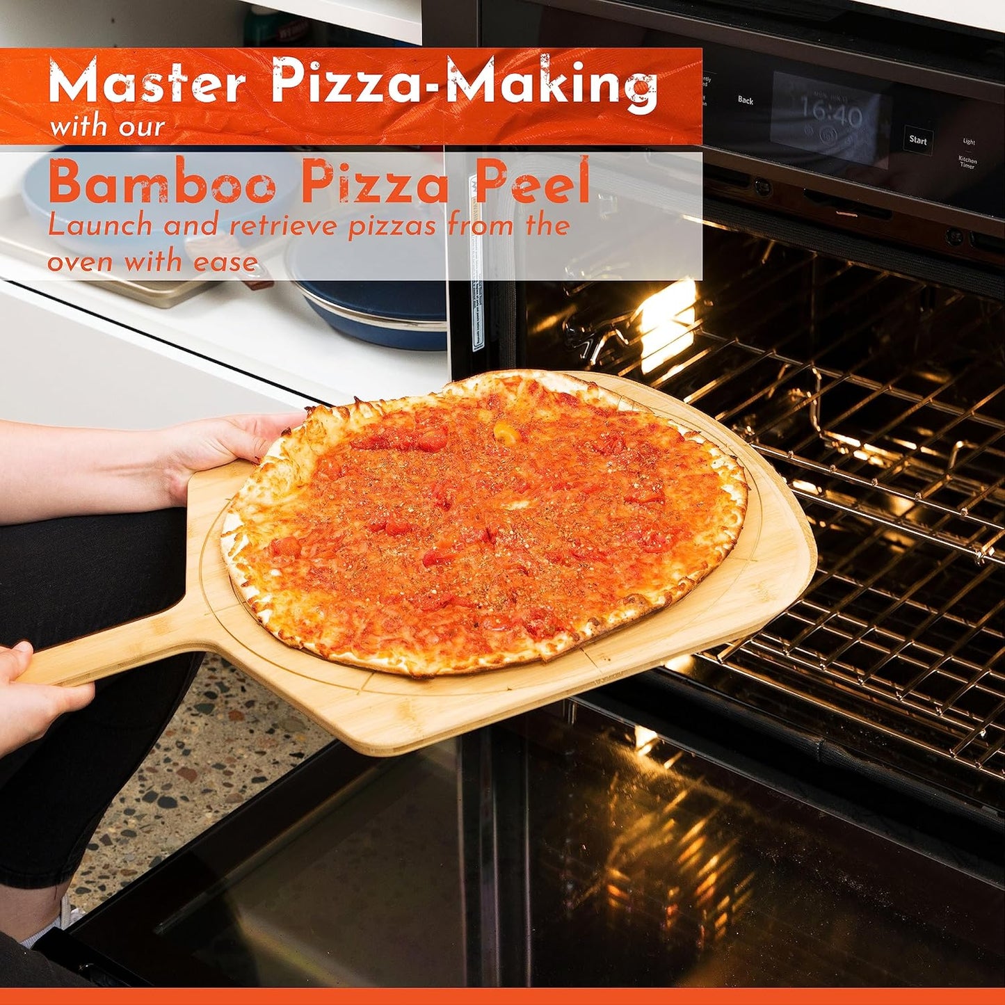 Wooden Pizza Peel 16 Inch Board with Engraved Sizes - Multi-Purpose Bamboo Pizza Cutting Board, Wood Pizza Peel, Pizza Spatula Paddle, and Serving Board with Size and Cutting Guide