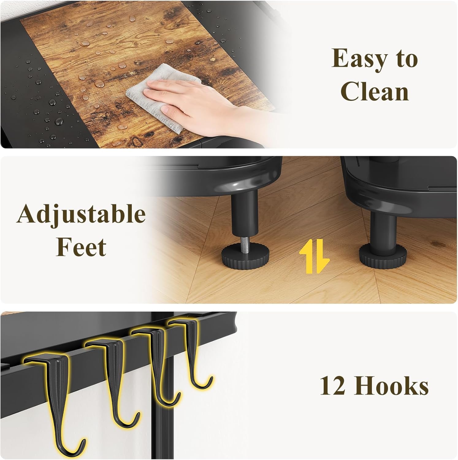 Kitchen Bakers Rack with Power Outlet - Easy & Tool-Free Assembly, Adjustable Coffee Bar Station 4 Tiers, Microwave Stand with 12 Hooks, Brown