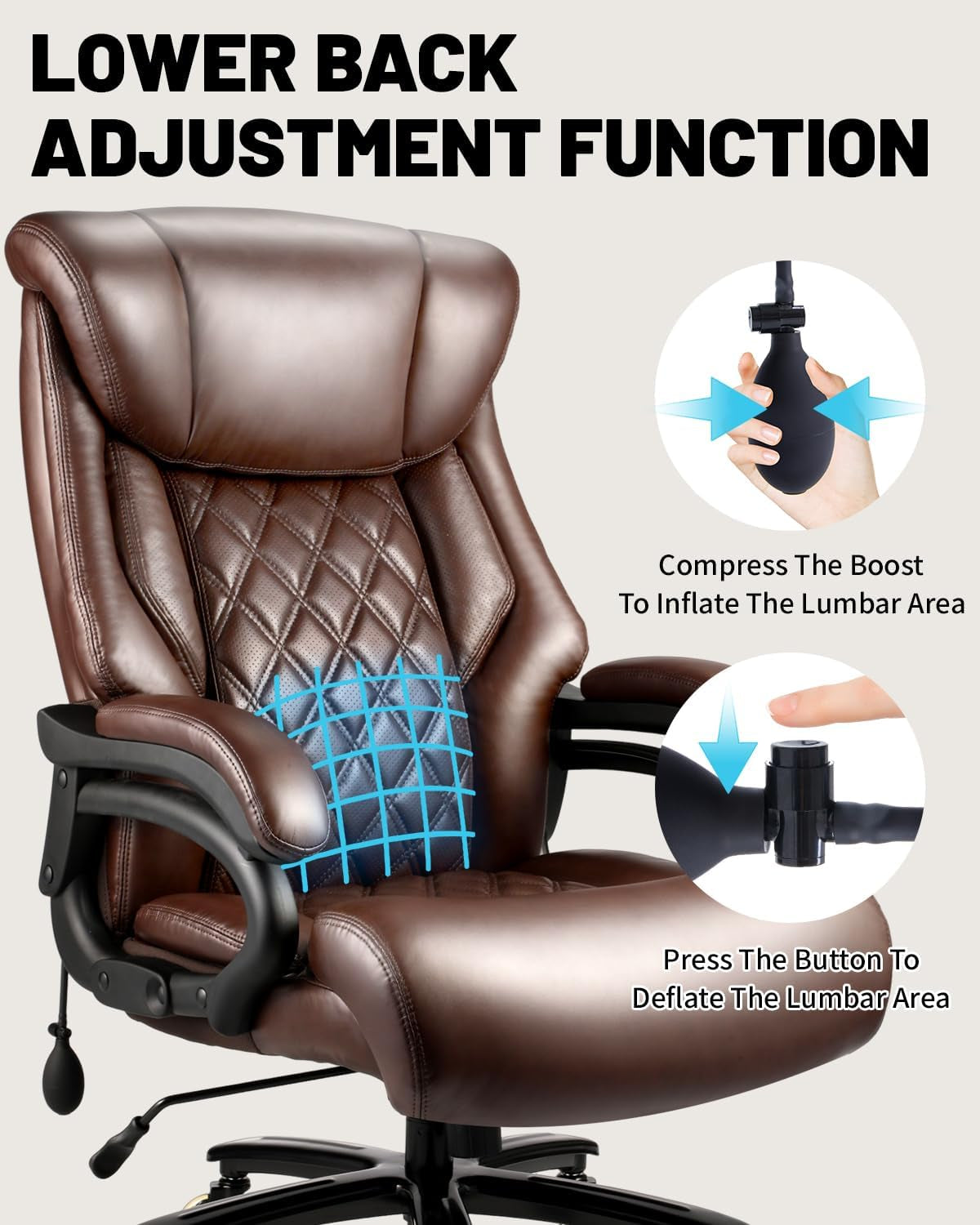 800Lbs Executive Office Chairs, Big and Tall Desk Chair with Adjustable Lumbar Support, Office Chair for Heavy People, Leather Computer Chair with Quiet Rubber Wheel and Extra Wide Seat
