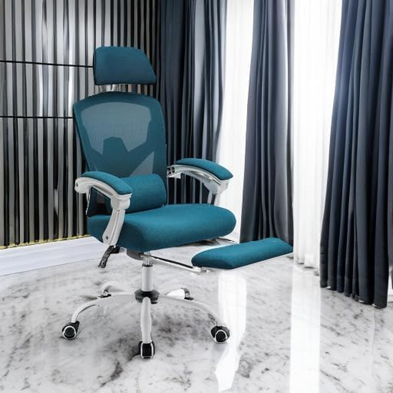 Home Office Desk Chair with Footrest, High-Back Mesh Rolling Swivel Reclining Chairs with Wheels, Comfortable Headrest, Lumbar Support, Comfy Arms