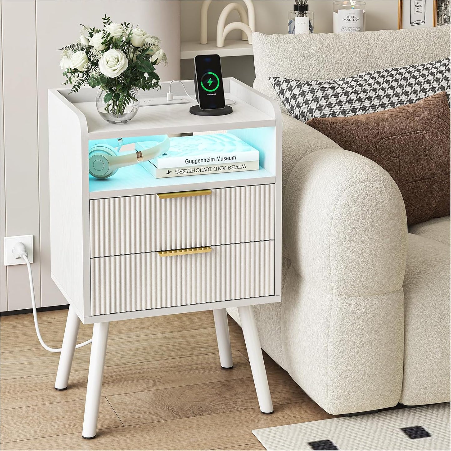 White Fluted Nightstand with Charging Station, LED Night Stand with 2 Wood Drawers for Bedroom, Modern Bedside Table, 15.7 X 11.8 X 25.6In