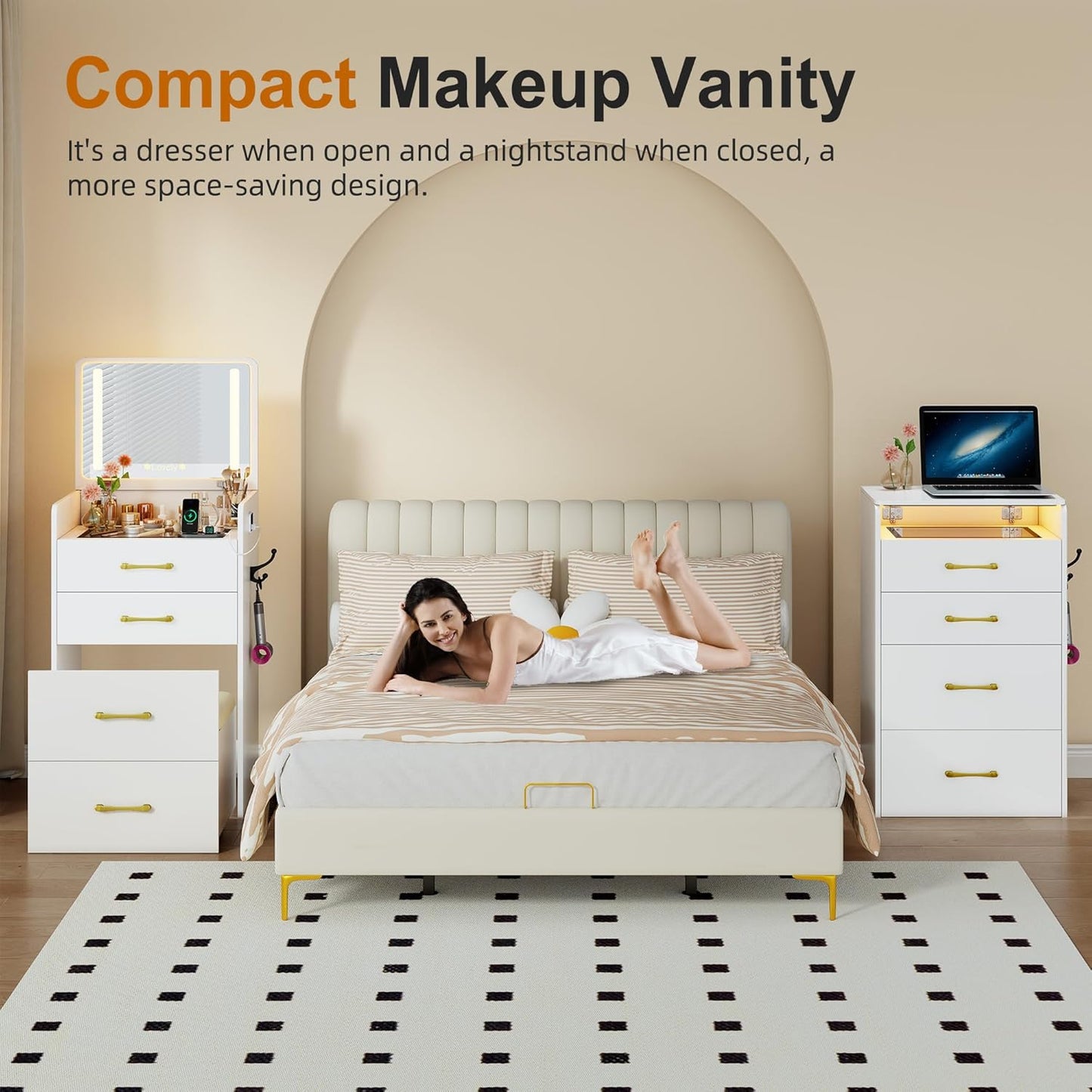 3 in 1 Vanity Desk with Flip Top Mirror and Lights,Glass Top Compact Vanity with 3 Drawers &Rolling Stool, Modern Small Makeup Vanity Table with Charging Station,Bedroom,White