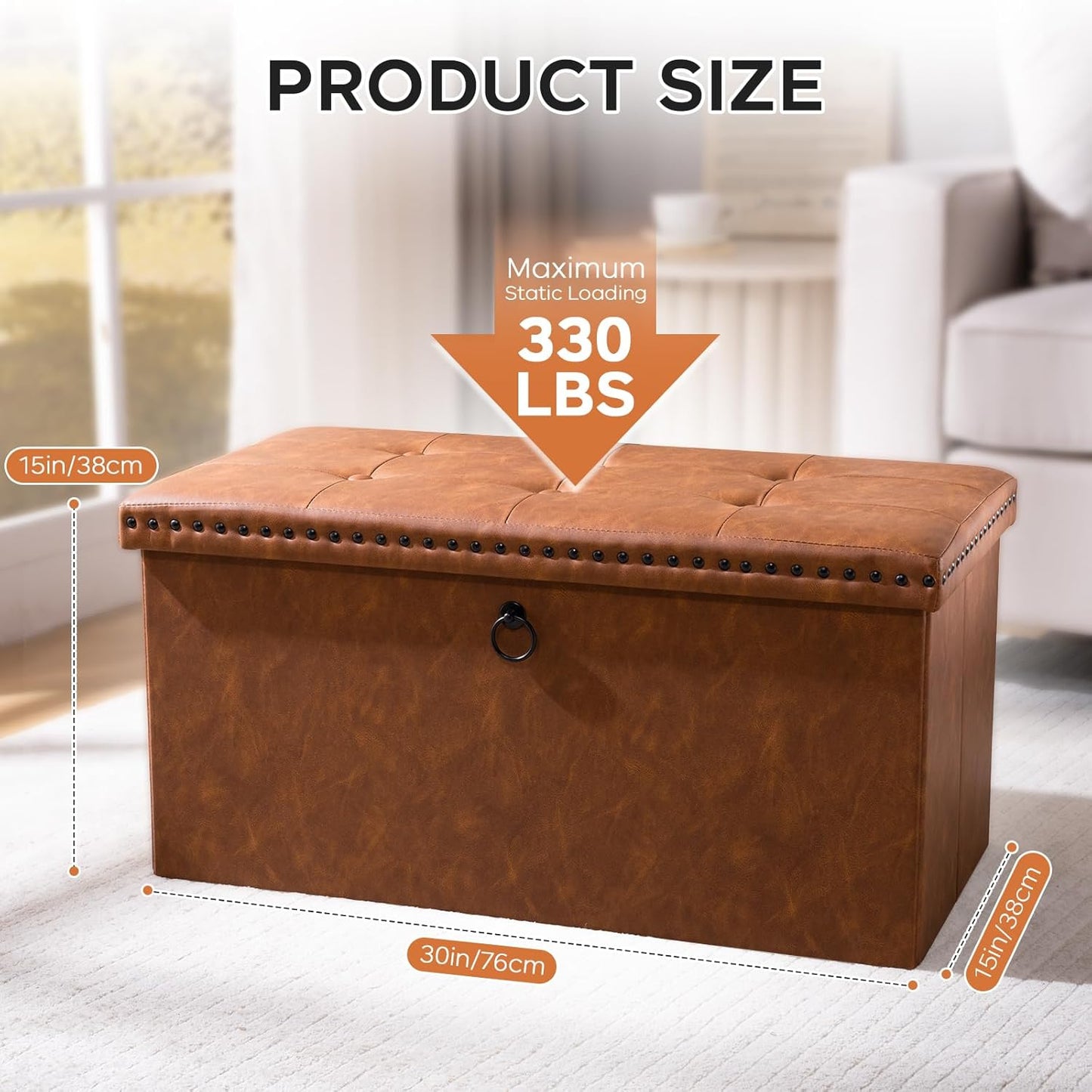 30 Inches Storage Ottoman Bench, Foldable Foot Rest with Rivet Design, 15 X 30 X 15 Inches, End of Bed Bench Footstool, Storage Chest, Load up to 330 Lb, for Living Room, Bedroom, Entryway, Oak Brown