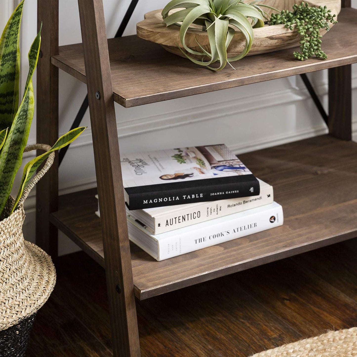 X Back Modern Farmhouse Wood Bookcase Bookshelf Home Office Living Room Storage, 4 Shelves, Brown